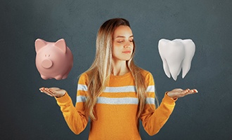 woman thinking about how dental implants can save her money in the long run