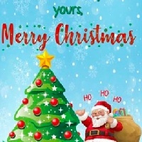 Christmas card with animated Santa Claus standing next to Christmas tree
