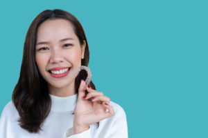 a closeup of a patient with an Invisalign aligner